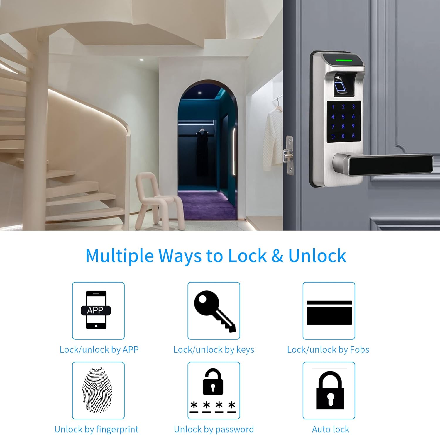 Harfo Fingerprint Door Lock, Heavy Duty Full APP Control Touchscreen Keypad Keyless Lock with Reversible Handle, Perfect for Home/Office/Bedroom Doors (Satin Nickel)