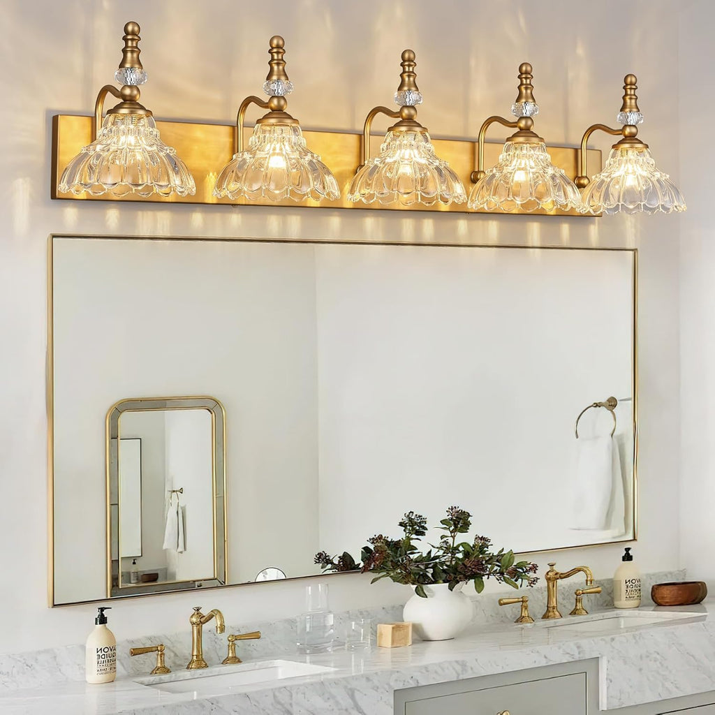 Vintage Bathroom Vanity Light, 5-Light Brass Vanity Lighting Fixture with Flower Glass Shade, Bathroom Lighting Fixtures Over Mirror