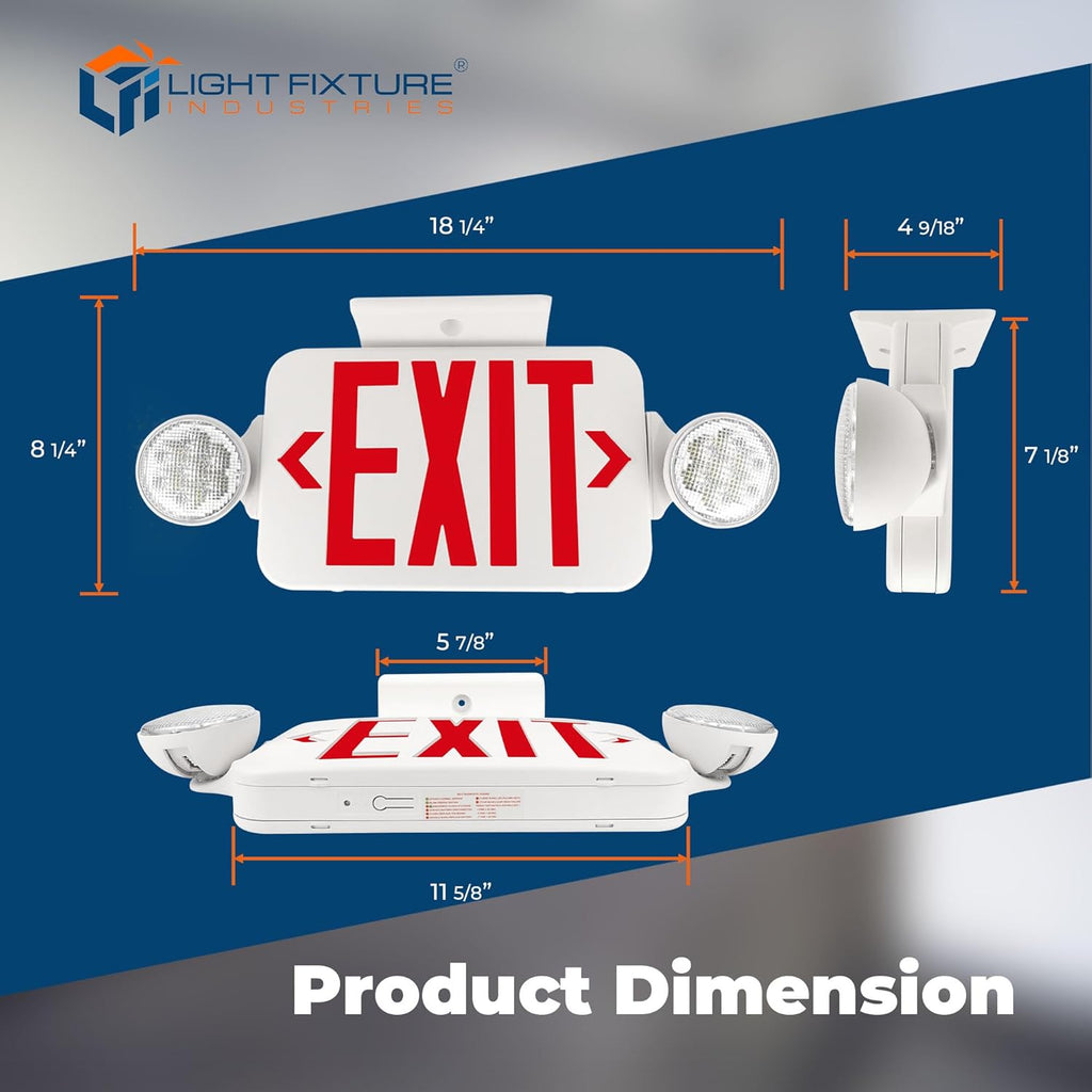 LFI Lights® Compact Remote Head Capable COMBO UL 924 Listed, Exit Sign with Emergency Lights, Red LED, White, 120/277VAC Hardwired with Battery Backup, Optional Double Face and Knock Out Arrows COMBOJR2RWRH