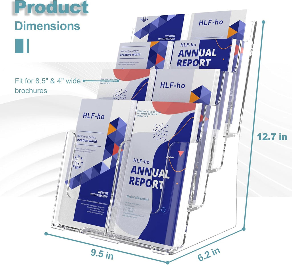 Brochure Holder 8.5x11 Inch 4 Tier with Removable Divider for 4x9 inch Clear Acrylic Pamphlet Display Stand Holder Countertop Use or Wall Mount for Office, Lobby, Hotel, Trade Show, 1 Pack