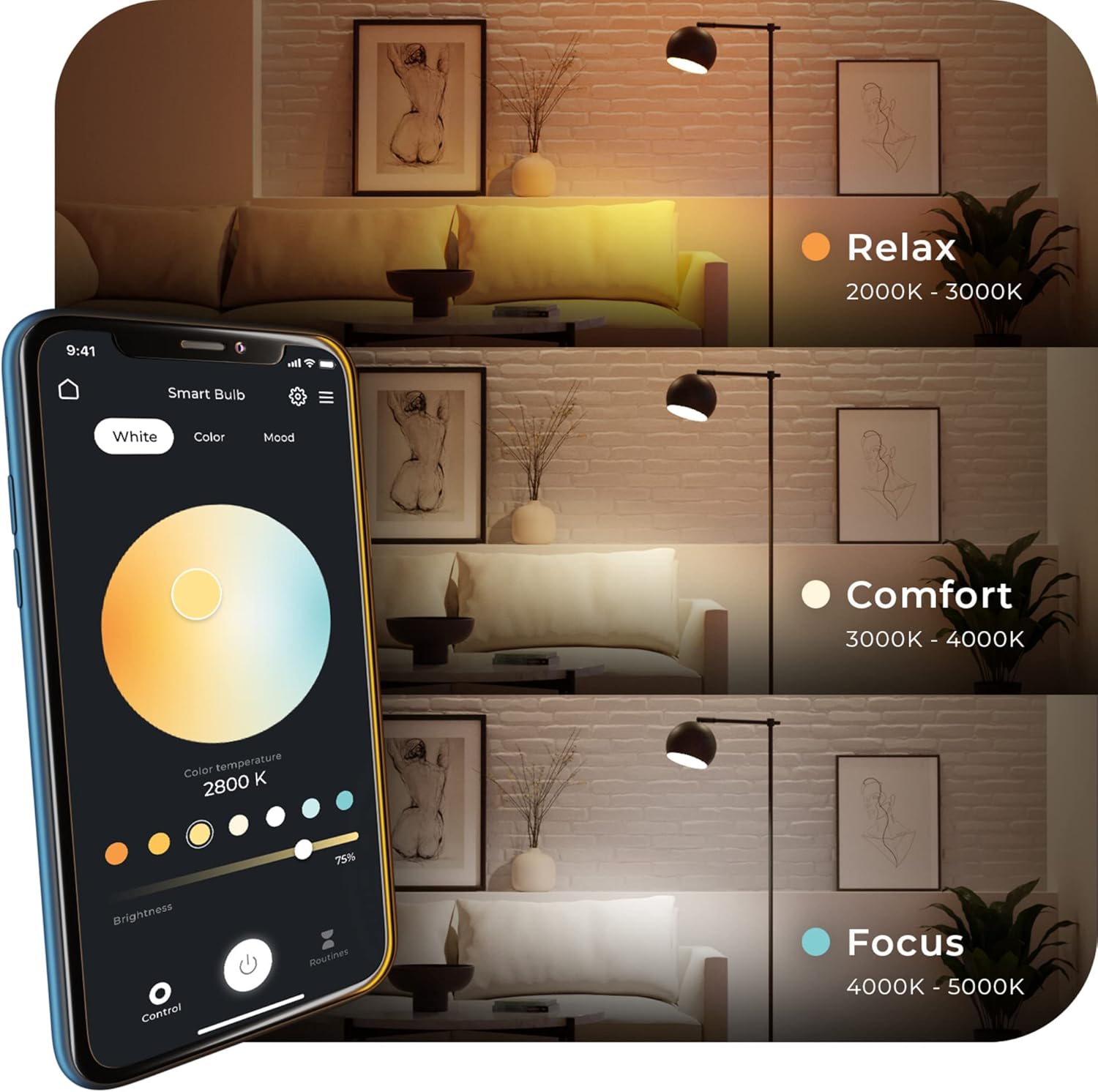 GLOBE Electric Wi-Fi Smart 10W LED Bulb, Multicolor RGB + Tunable White 2000K–5000K, A19 Shape, E26 Base, App + Voice Control, No Hub Required, 34212