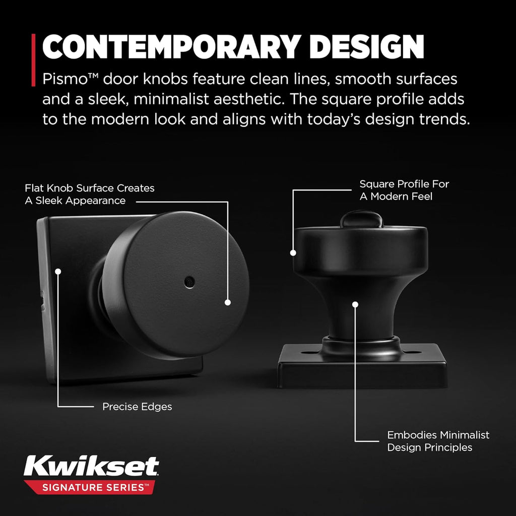 Kwikset Pismo Interior Privacy Door Knob with Lock, Door Handle for Bathroom and Bedroom, Matte Black Keyless Turn Lock Doorknob, with Microban Protection, Square Rose (Pack of 10)