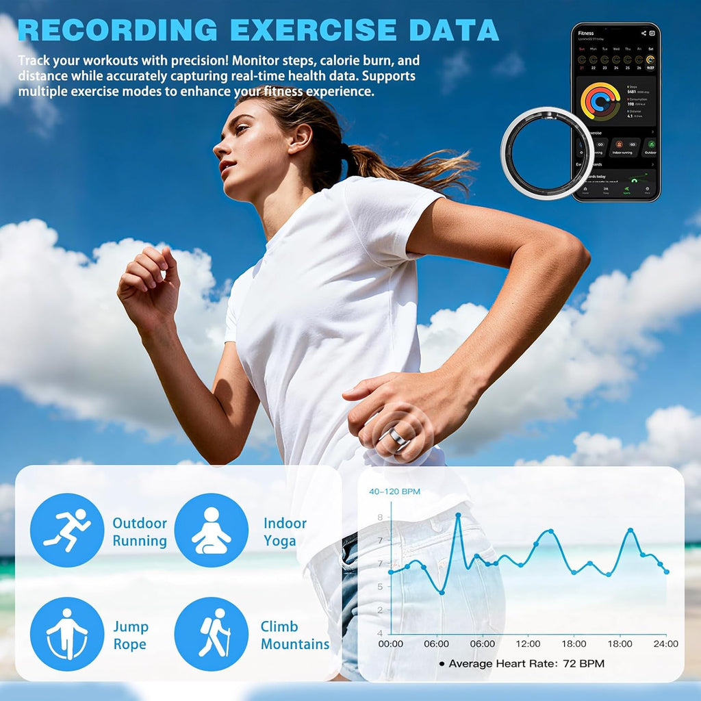 Smart Ring for Women - Health and Fitness Tracker with Heart Rate, SpO2, Sleep Monitoring, Calories, IP68 Waterproof Pedometer for Exercise (Silver 10)