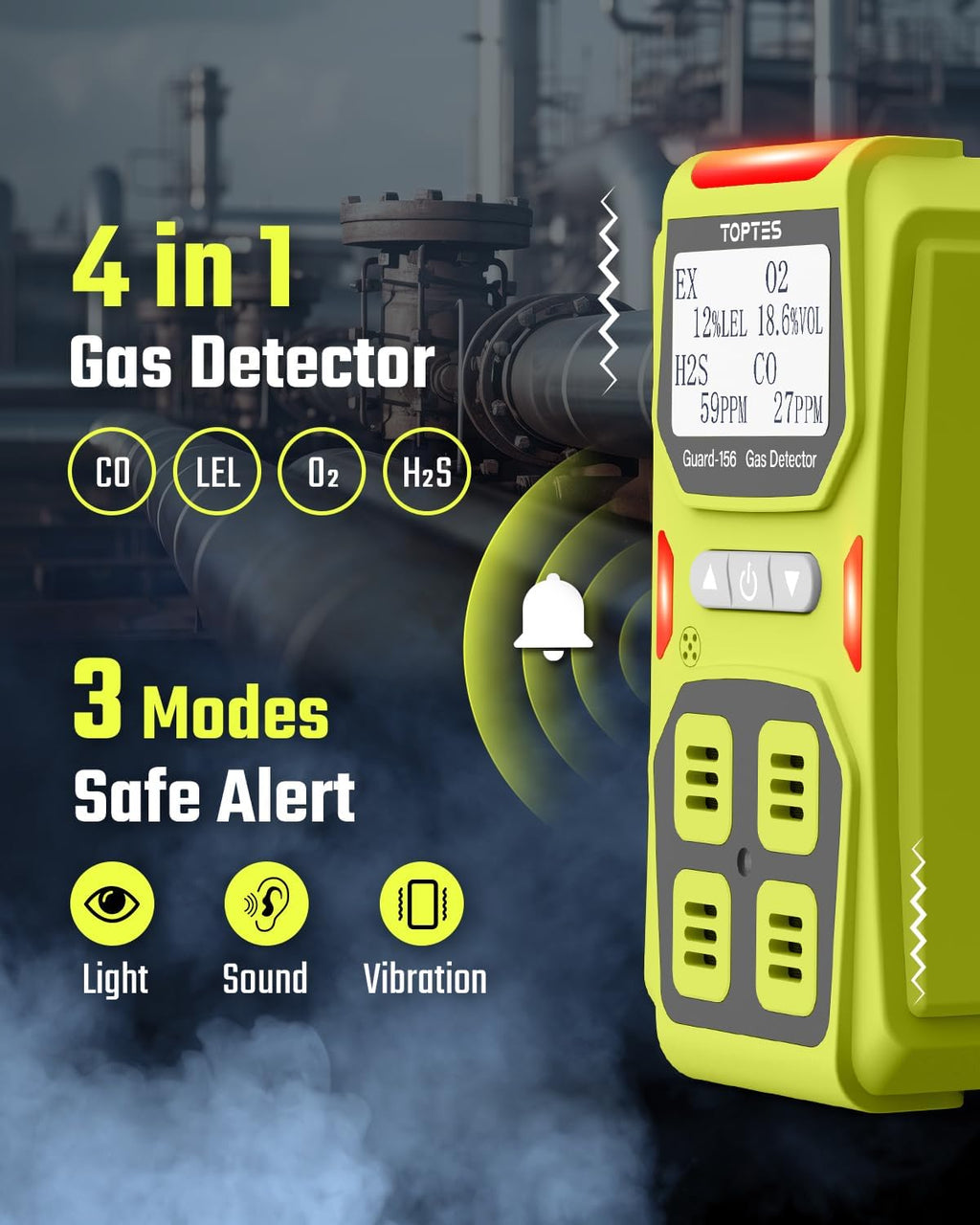 Guard-156 4 Gas Monitor Multi Gas Detector for H2S, CO, LEL, and O2, Triple Alarm Modes (Visual, Vibration, Sound), 0.5s Fast Response, Dust and Explosion Proof Design for Work and Home Safety - Green