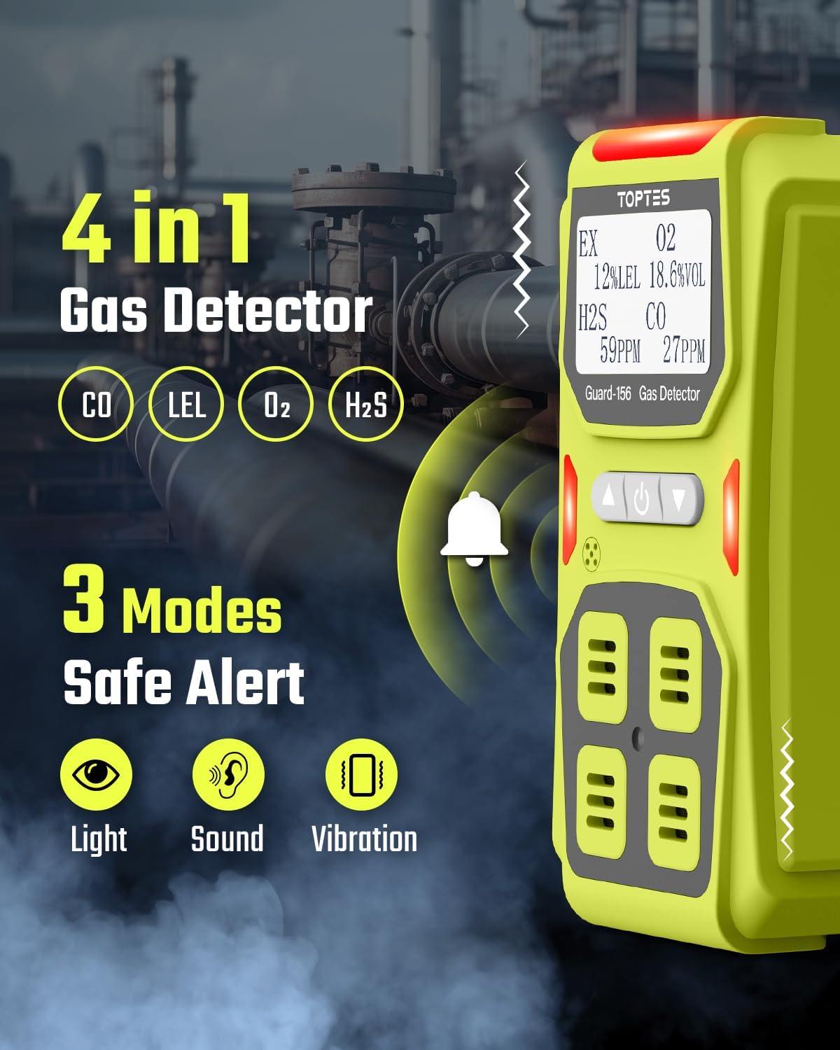 Guard-156 4 Gas Monitor Multi Gas Detector for H2S, CO, LEL, and O2, Triple Alarm Modes (Visual, Vibration, Sound), 0.5s Fast Response, Dust and Explosion Proof Design for Work and Home Safety - Green