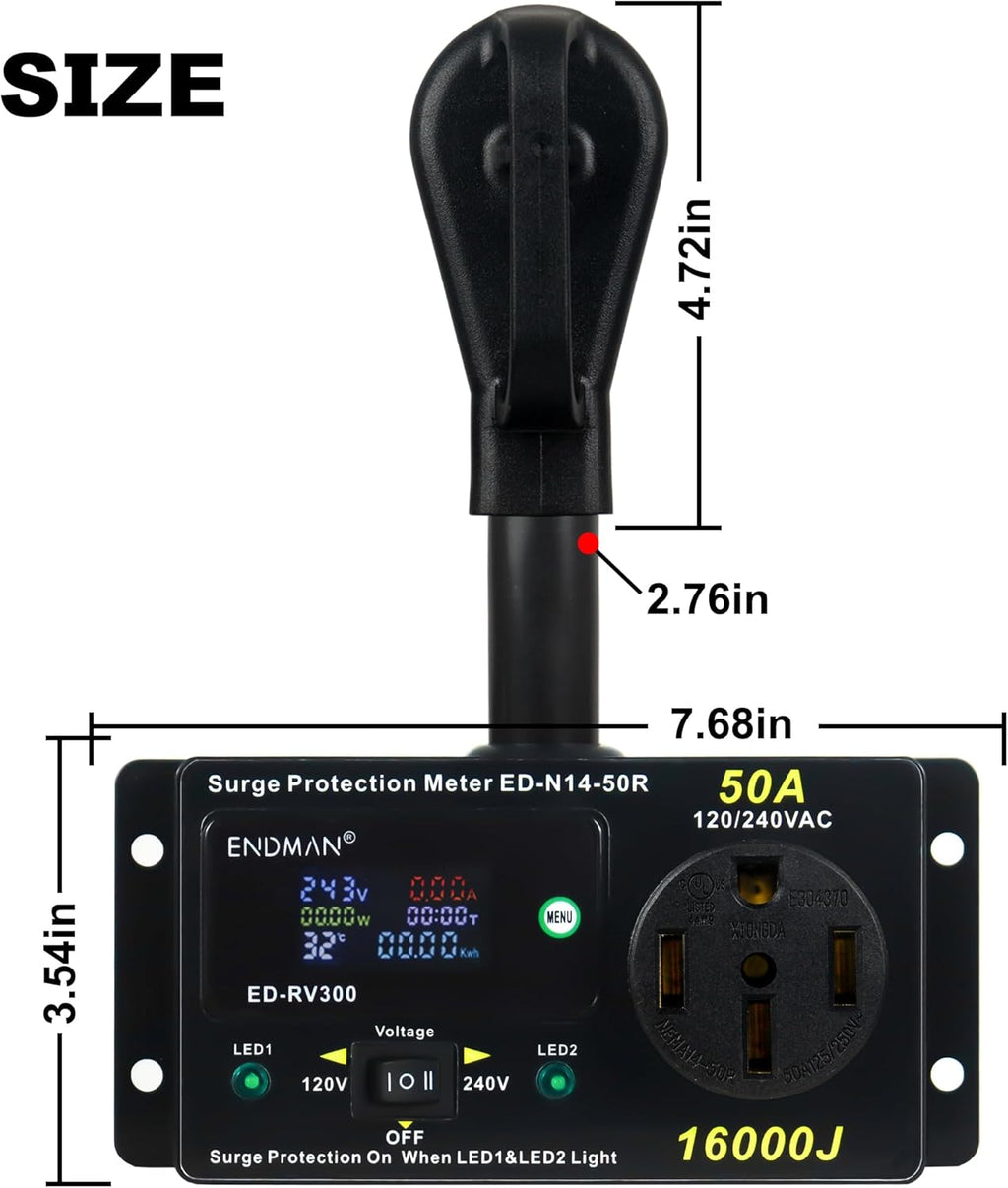 RV 50 Amp Surge Protector AC Power Meter,16000Joules 240V NEMA 14-50P LCD Dispaly KWH,Voltage Monitor with LED Display,10AWG Cable