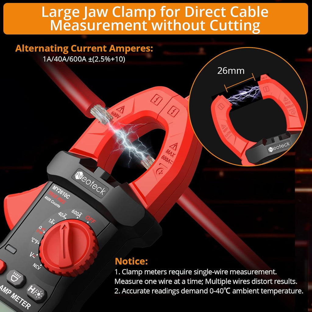 Neoteck Clamp Meter 4000 Counts Amp Meter for TRMS AC Current AC/DC Voltage 600A Auto Range Digital Multimeter with Capacitance Continuity Resistance NCV Diode Test for Car Electric Cabinet