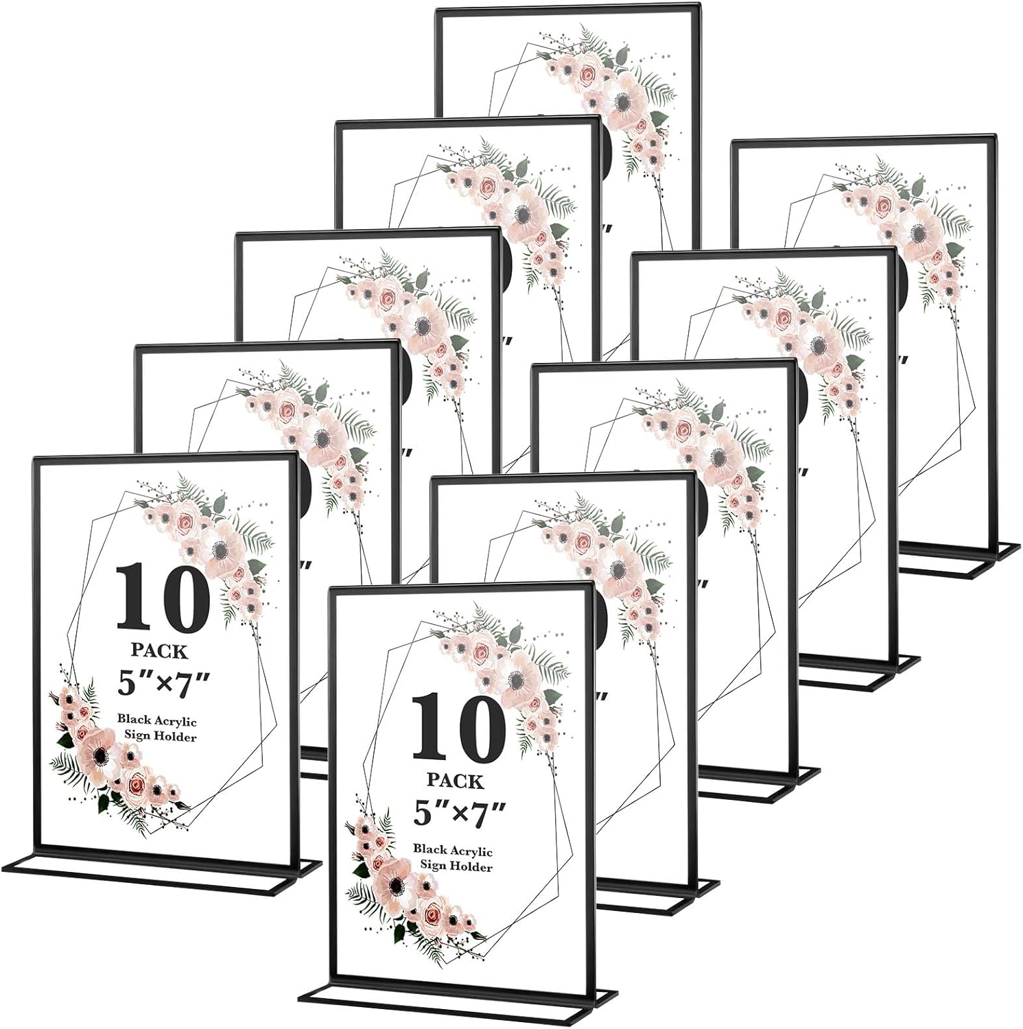 10 Pack 5x7 Acrylic Sign Holders, Double Sided Vertical Stand Clear Picture Frames, Wedding Table Numbers Frames for Party, Restaurant Signs and Office Photos, Black