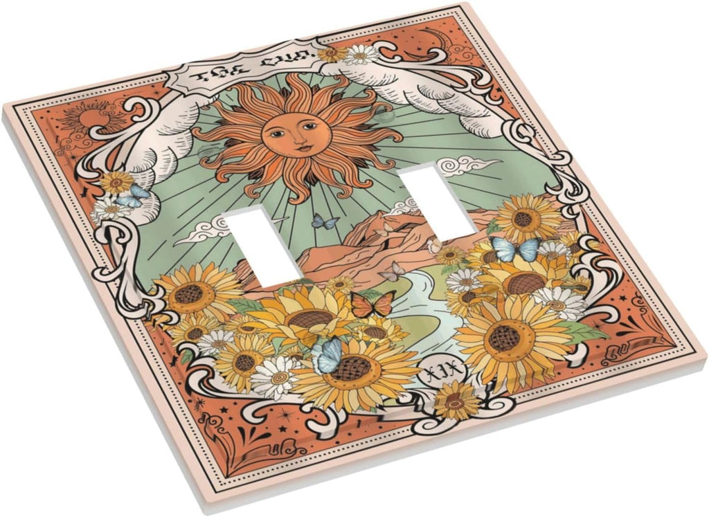 Boho Retro Sun Sunflower Vintage Flower Butterfly Decorative Switch Plates 2 Gang Double Toggle Outlet Light Switch Cover Wall Plate Electrical Faceplate for Farmhouse Home Decor