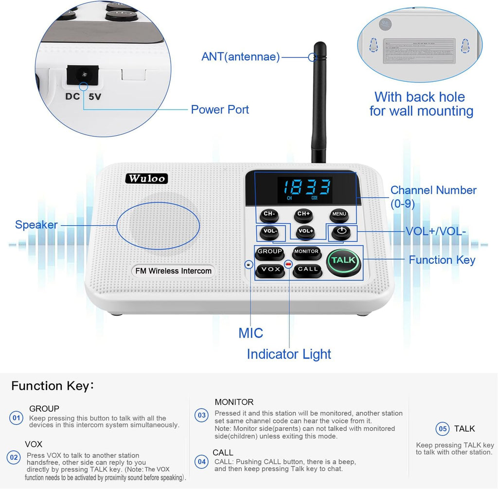 Wuloo Intercoms Wireless for Home 1 Mile Range 22 Channel 100 Digital Code Display Screen, Wireless Intercom System for Home House Business Office, Room to Room Intercom Communication (6 Packs, White)