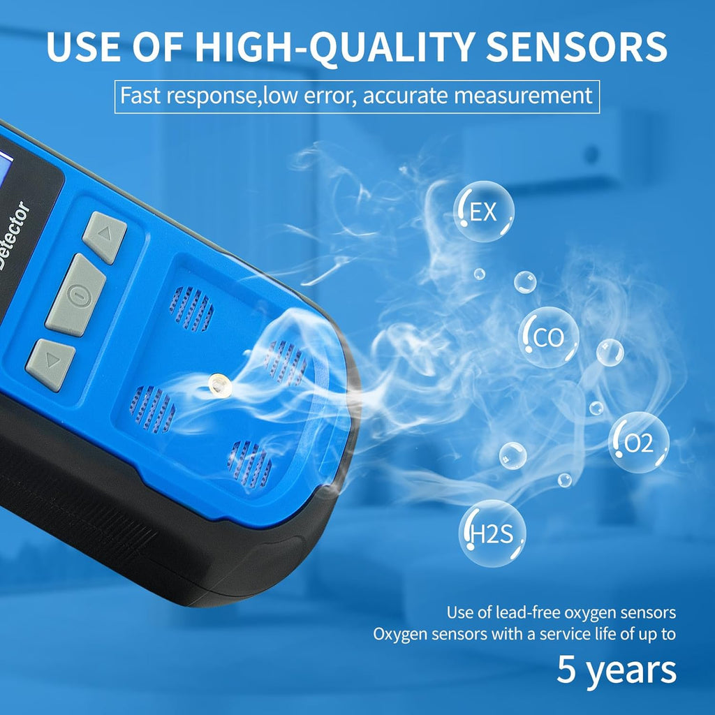 Upgraded 4 Gas Monitor Multi Gas Detector, Yfwsrecinoe Gas Leak Detector, Rechargeable 4 Gas Monitor Ex H2s Co O2 with LCD Multiple Indicator (Blue)