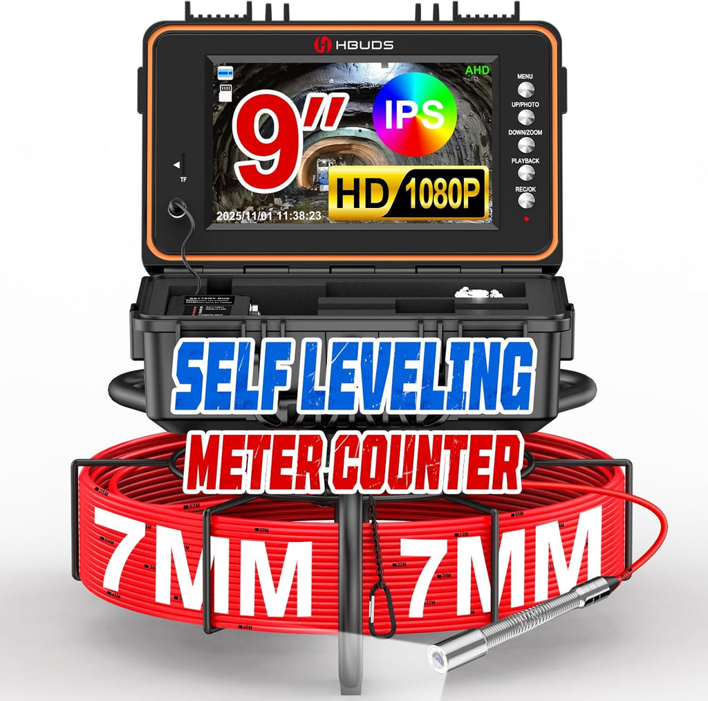 Sewer Camera, Self Leveling Drain Camera 65ft with Meter Counter, 7mm Thick Cable, 9" HD Screen 1080P Plumbing Cameras Snake with Light, 5100mAh Battery Duct Pipe Video Inspection Cam DVR 32GB