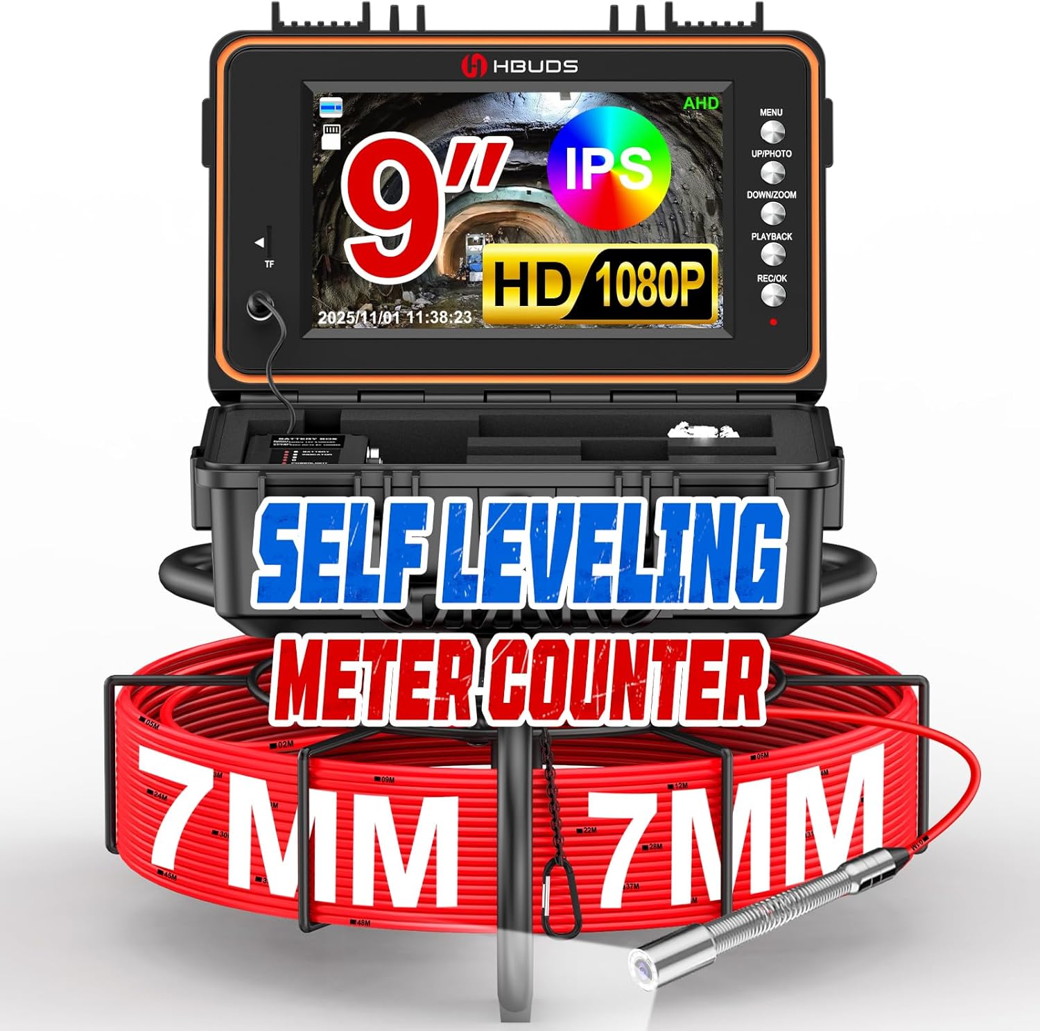 Sewer Camera, Self Leveling Drain Camera 200ft with Meter Counter, 7mm Thick Cable, 9" HD Screen 1080P Plumbing Cameras Snake with Light, 5100mAh Battery Duct Pipe Video Inspection Cam DVR 32GB