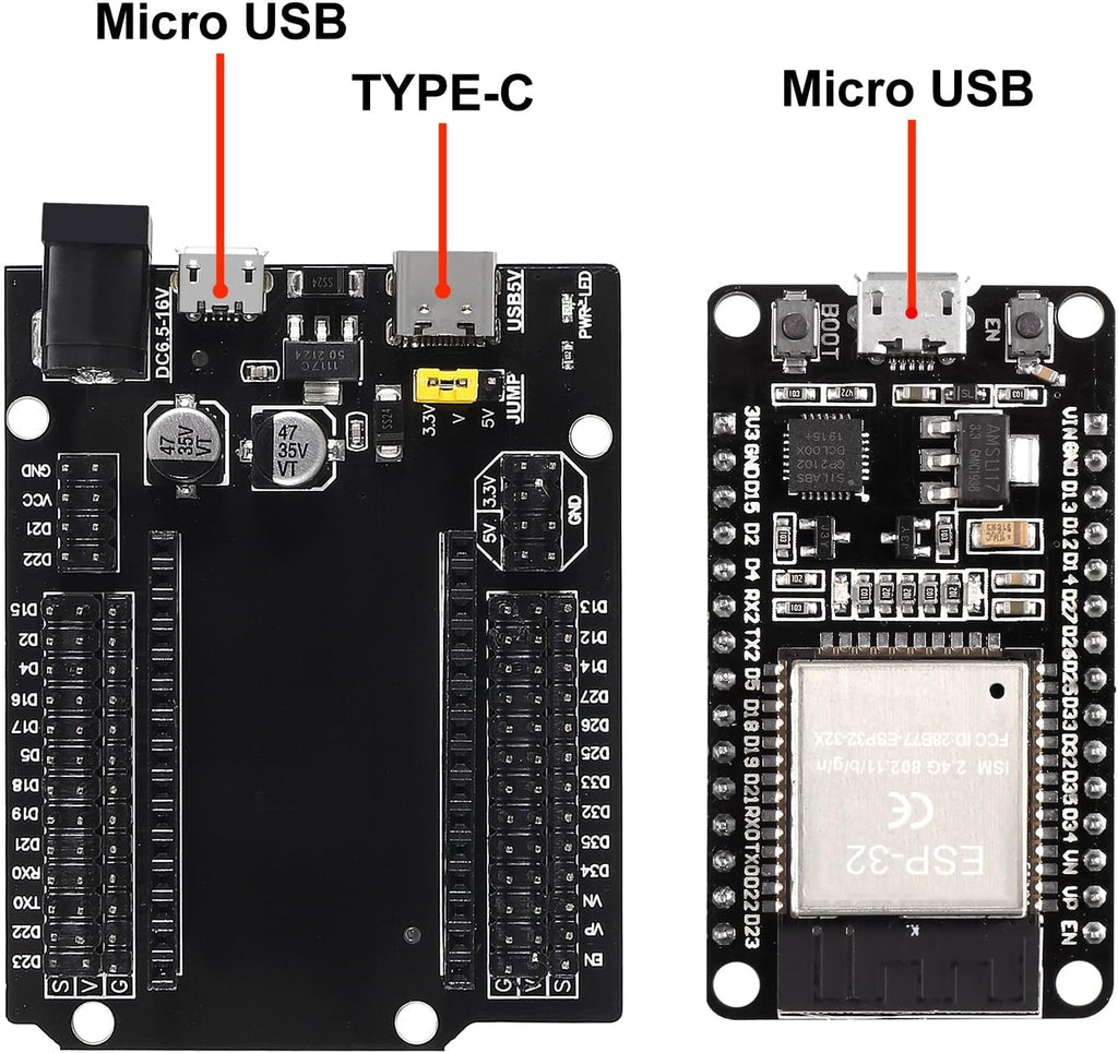 3 Set ESP32 ESP-32S WiFi Development Board NodeMCU ESP-WROOM-32 Microcontroller with ESP32 GPIO Breakout Board 30Pin Type-C Micro USB Dual Interface ESP32 Shield 30P Expansion Board