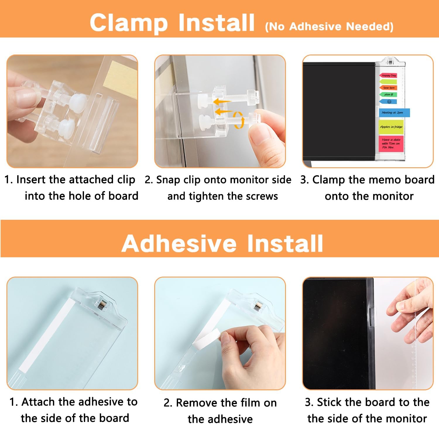 Monitor Memo Boards for Computer, Whole Transparent 2 Pack (Left & Right) Multifunction Acrylic Screen Message Reminder Pad Side Panel Phone Holder Organizer for Office Desktop, with Pen & Sticky Note