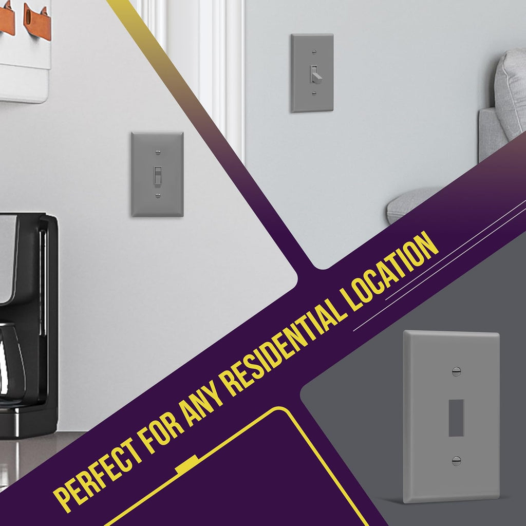 ENERLITES Toggle Light Switch Wall Plate Cover, Gloss Finish, Size 1-Gang 4.50" x 2.76", Unbreakable Polycarbonate Thermoplastic, 8811-GR-10PCS, Gray (10 Pack), Grey