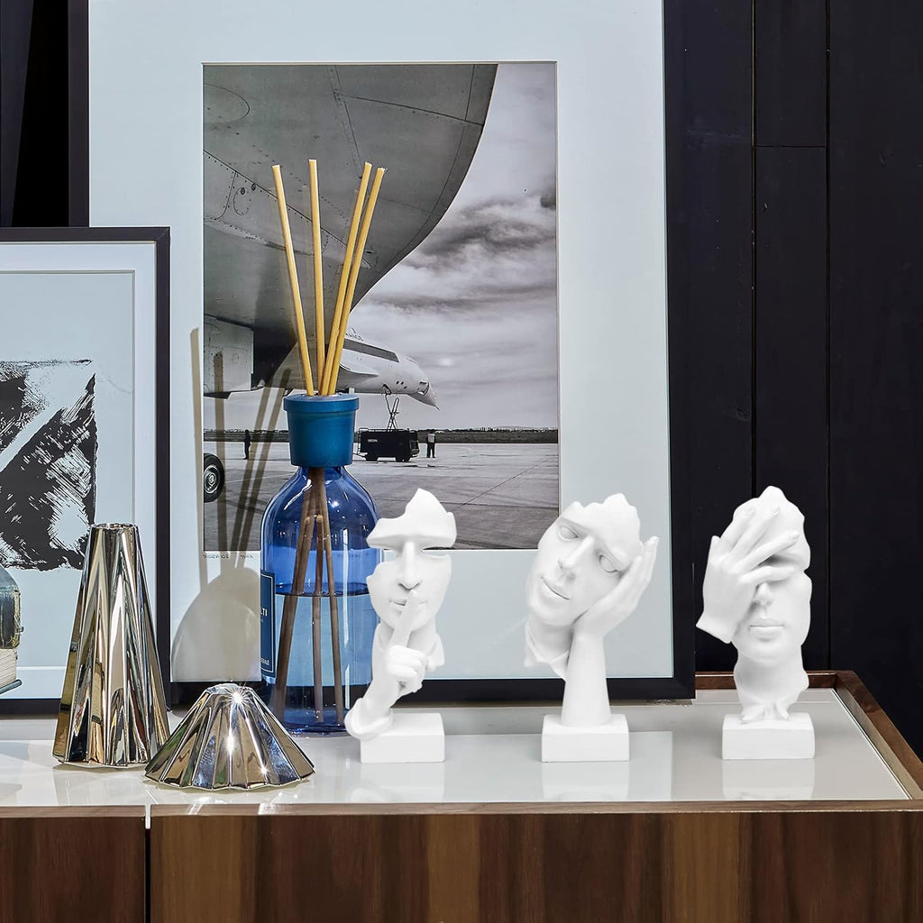 3 Pcs Thinker Statue, Silence is Gold Abstract Art Figurine, No Hear No See No Speak Modern Home Resin Sculptures Decorative Objects Decor for Home Office Bookshelf Desktop(White), A-41