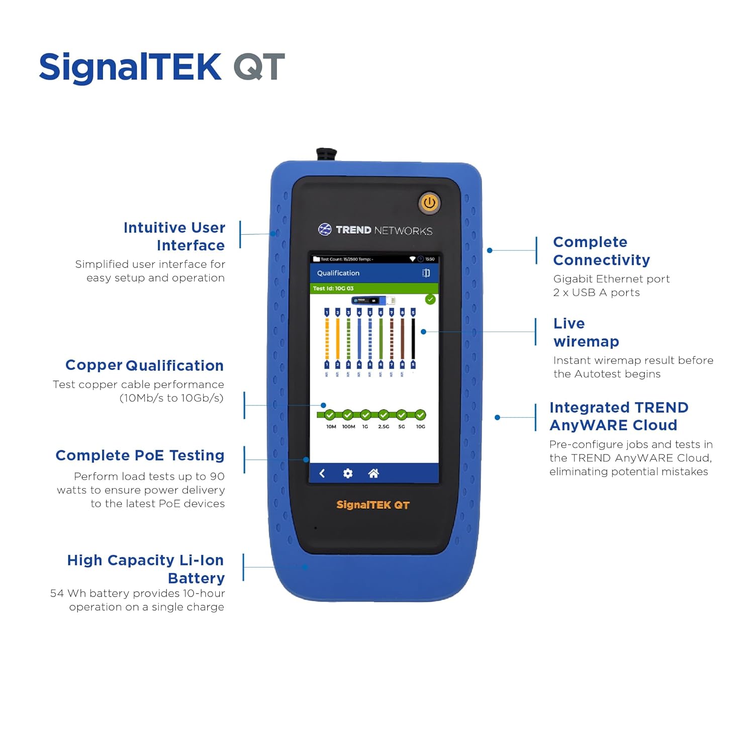 TREND Networks | SignalTEK QT | Upto 10G Copper Qualification Tester | Live Wiremap & TDR Fault Location | Wi-Fi Access Point Scan | Remote Access | Built-in PDF Reporting | R166002