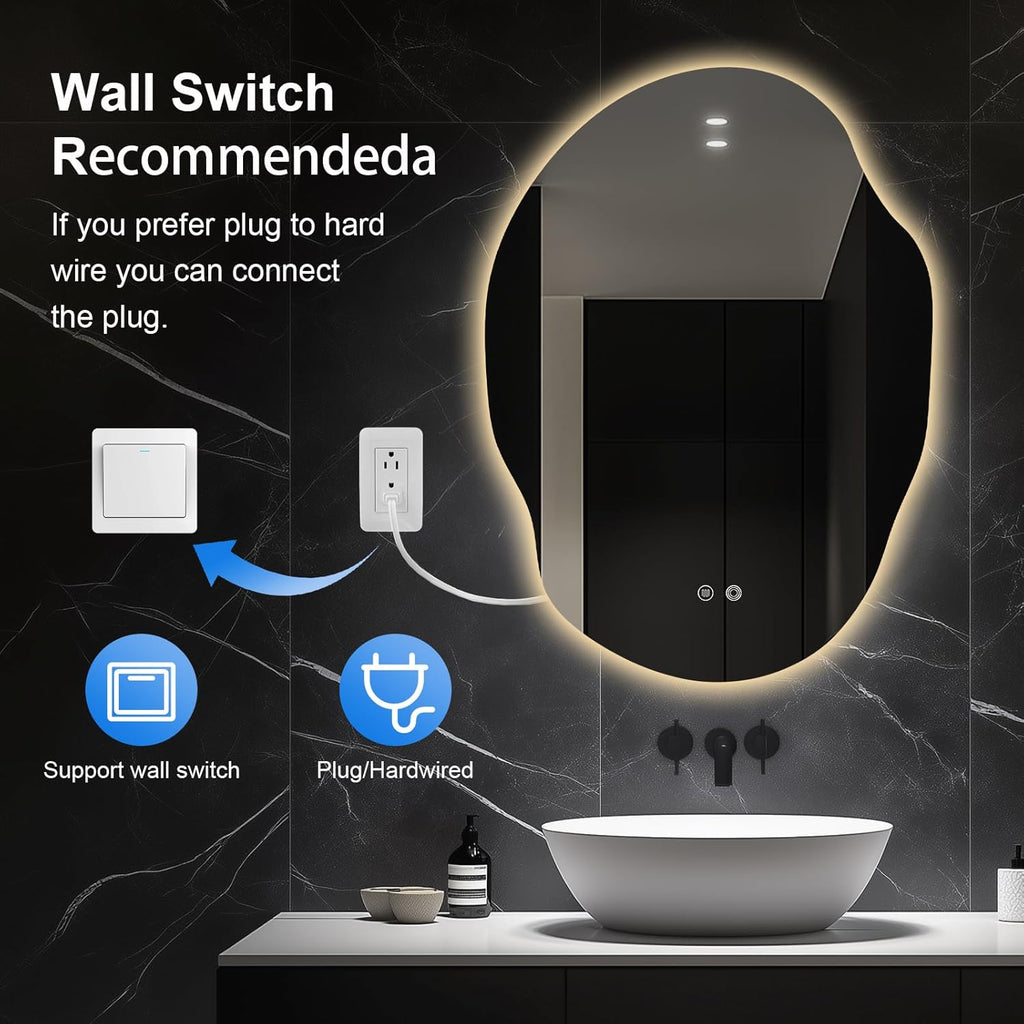 Asymmetrical LED Bathroom Mirror with Lights,Irregular Led Bathroom Vanity Mirror for Wall with Backlit, Anti Fog, 3 Colors and Dimmable Light,[Horizontal/Vertical] 40" H x 30" W