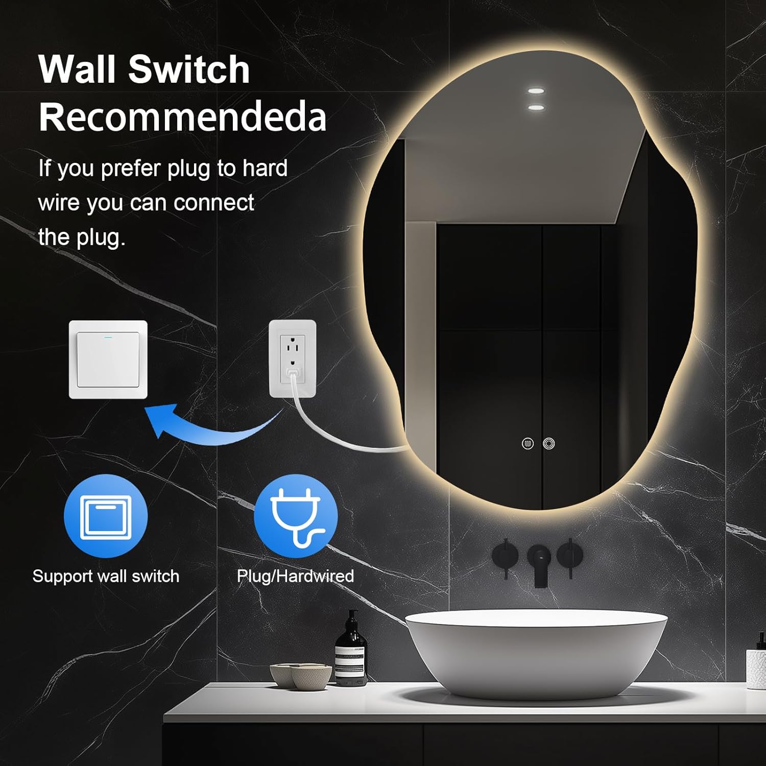 Asymmetrical LED Bathroom Mirror with Lights,Irregular Led Bathroom Vanity Mirror for Wall with Backlit, Anti Fog, 3 Colors and Dimmable Light,[Horizontal/Vertical] 40" H x 30" W