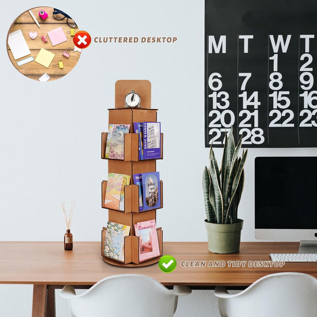 Natheeph Rotating Display Stand Greeting Card Display Wooden Display Rack with Two Card Sticker for Greeting Card Vendor Coffee Bag 3 Tier Tabletop Display Stand (Brown)