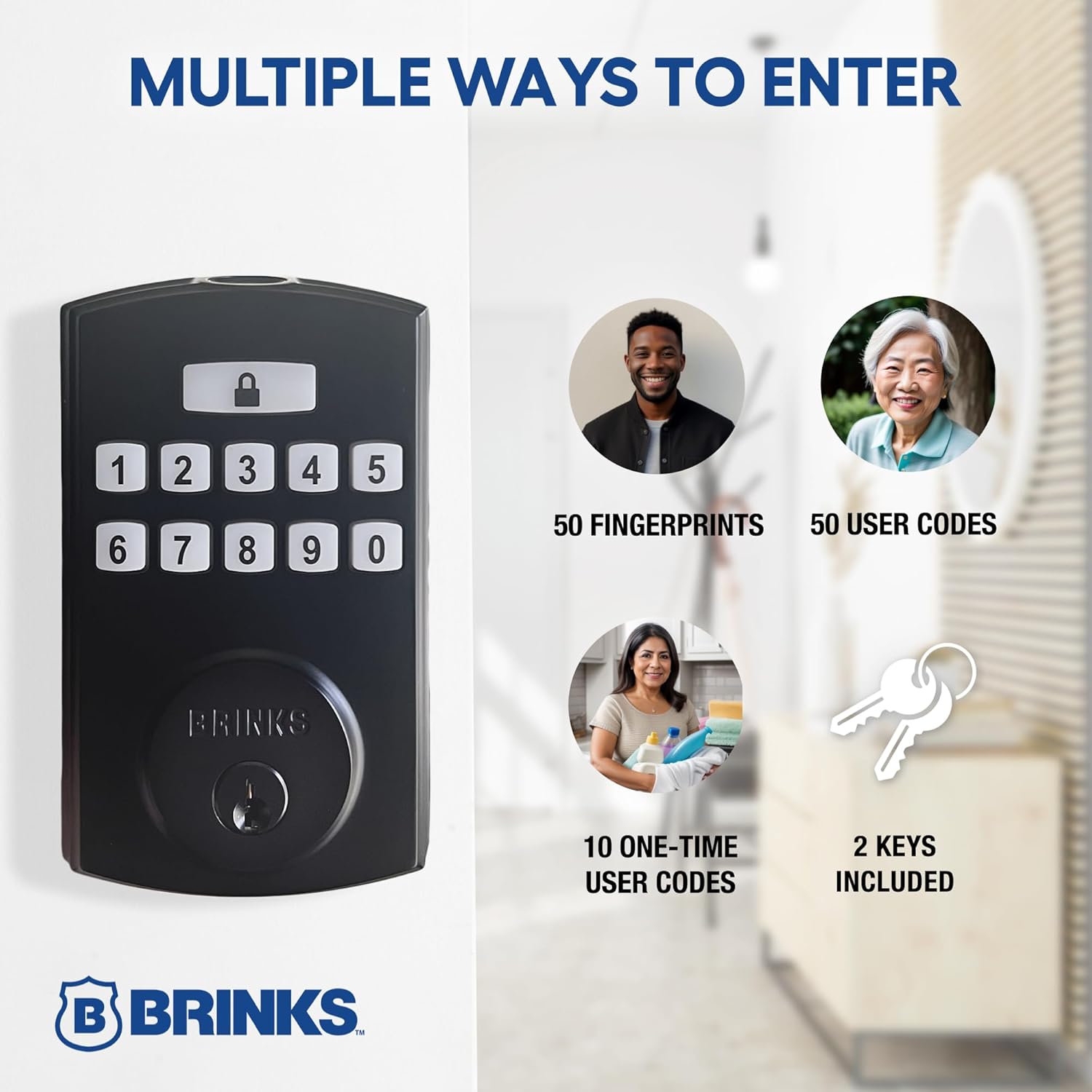 BRINKS Security Door Locks, High-Security Keyless Entry, Smart Electronic Door Lock with Deadbolt, Up to 50 Codes, Automatic Locking (Deadbolt & Passage Lever, Matte Black)