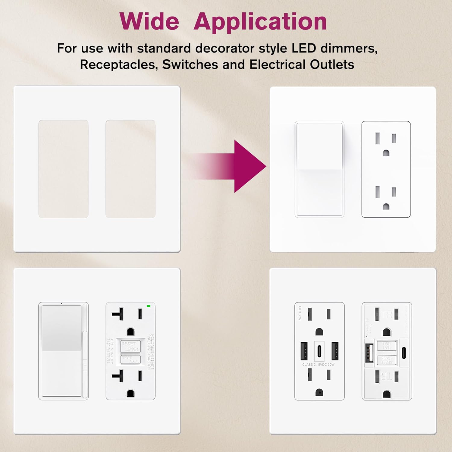 EMITEVER 2-Gang Screwless Decorator Wall Plate Cover for Receptacle Outlet & Light Switch, Standard Size 4.53"H x 4.53"W, Unbreakable Thermoplastic Faceplate, UL Listed, Matte White 1-Pack