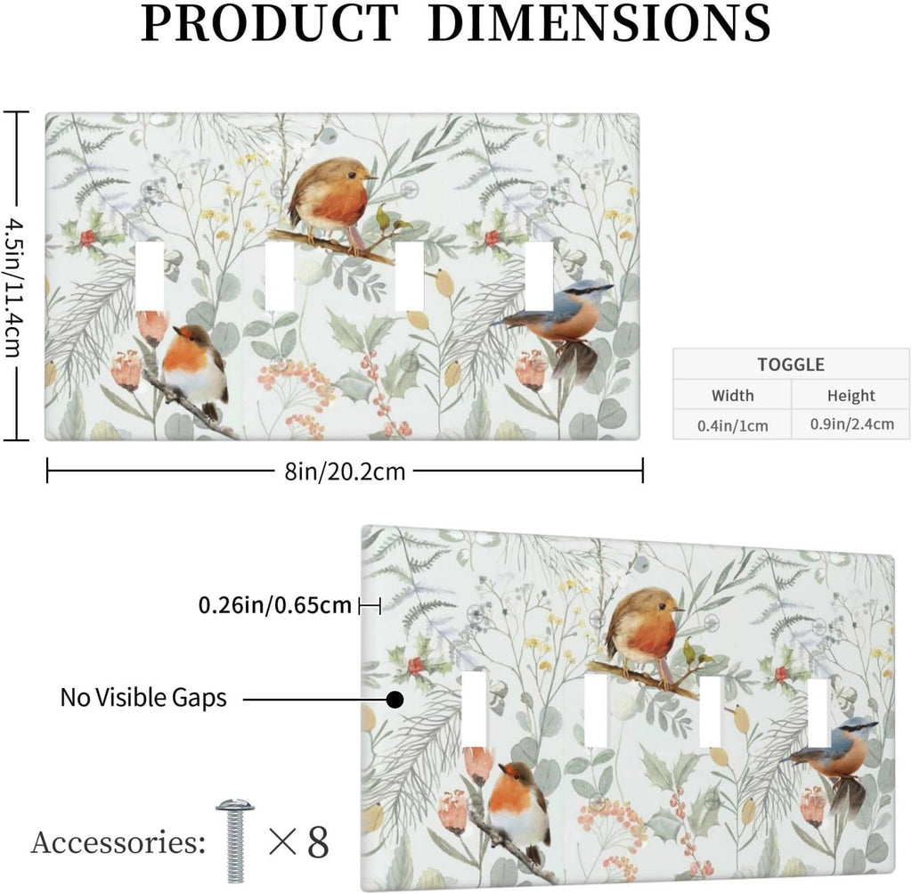 Light Switch Covers Red Floral Berries Colorful Bird Plant Quad Toggle Electrical Faceplate 4 Gang Wall Plate Decorative Switch Plates For Bed Room Living Room Decor