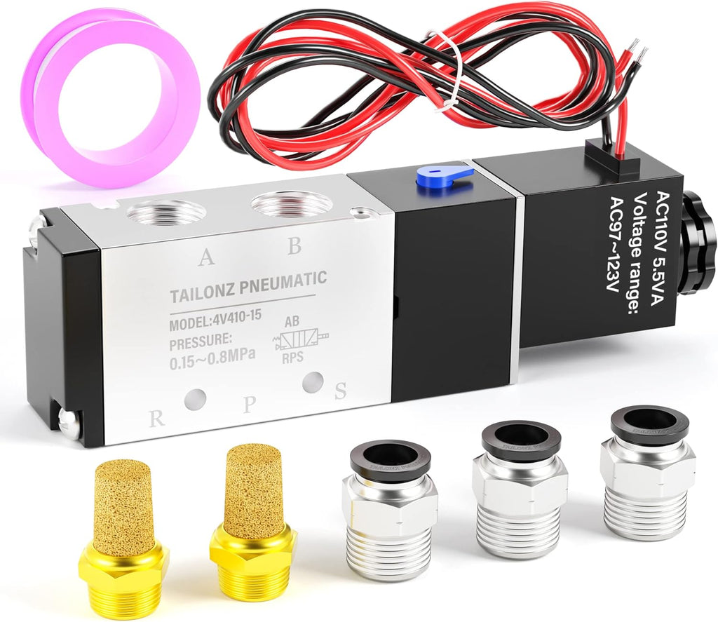 TAILONZ PNEUMATIC 1/2"NPT Solenoid Valve 4V410-15 12V/24V/110V/220V Single Coil Pilot-Operated Electric 2 Position 5 Way Connection Type