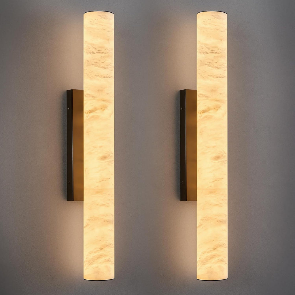 LMQNINE Natural Alabaster Wall Sconces Set of Two Spanish Marble Wall Light Cylinder Modern Black LED Sconce for Living Room Bedroom Bathroo Stairs（M-2Pack）