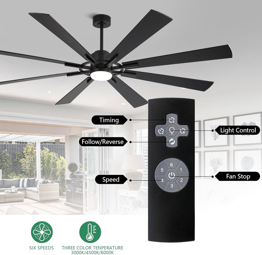 WINGBO 72" DC Ceiling Fan with Lights and 3 Downrods, Matte Black, 8 Plywood Blades, 6-Speed Reversible DC Motor, Large for Kitchen, Bedroom, Living Room