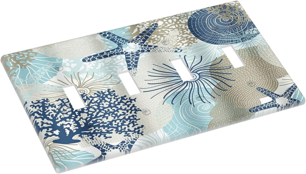 Decorative Light Switch Cover Plate Blue Starfish Brown Coral Ocean 4 Gang Wall Plates for Electrical Outlets Quad Toggle Switch Plate Covers Outlet Covers Faceplate for Girlroom Home Decor