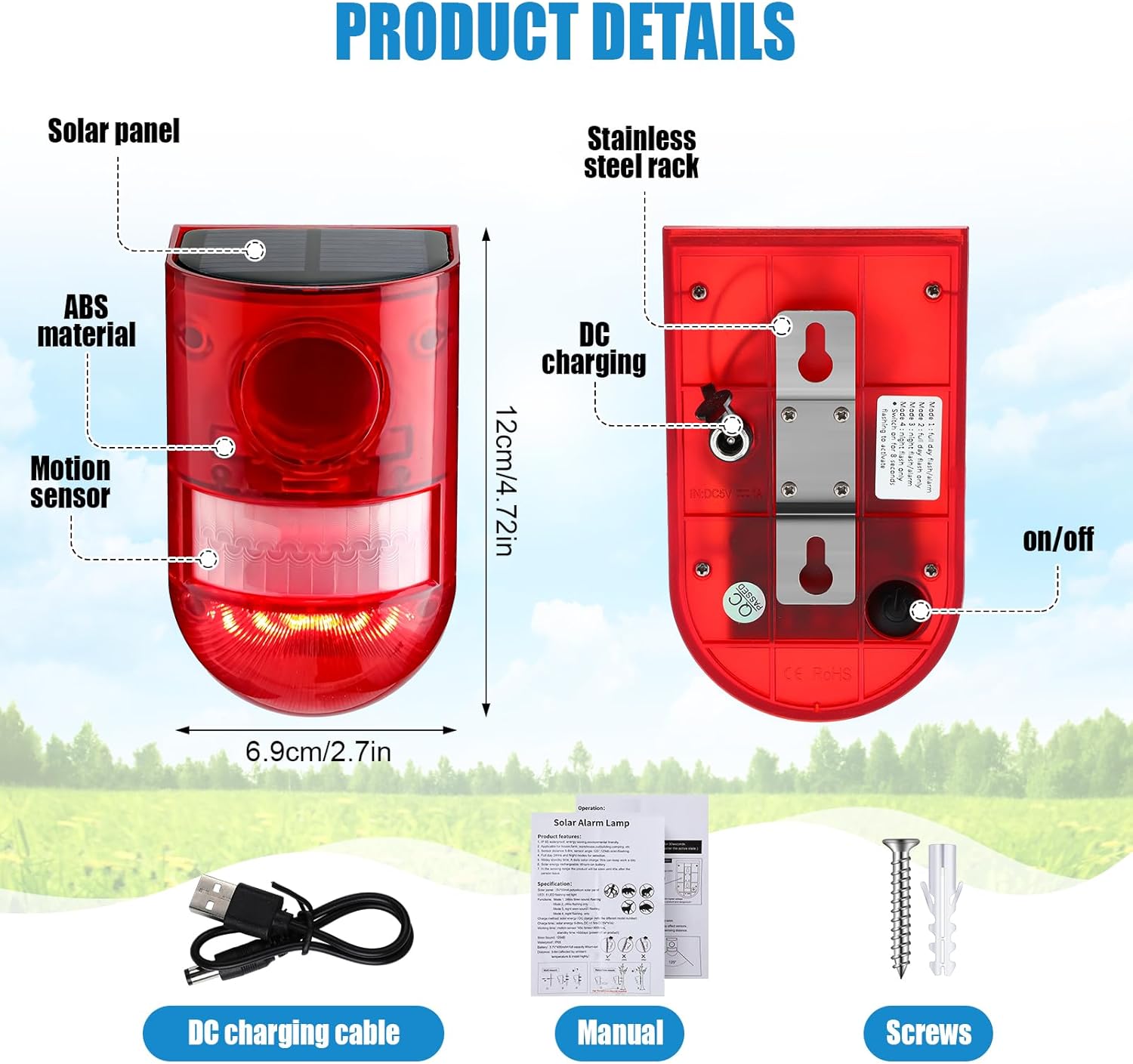 Qualirey 12 Pack Solar Sound and Light Alarm Motion Sensor 129db Outdoor Security Siren Waterproof Motion Activated Detector Alarm 6 LEDs Flash Warning Strobe System for Home, Farm (Red)
