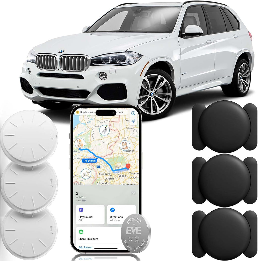 Car GPS Tracking for Vehicles, 3PCS Real Time GPS Tracker Device for Car Work with Find My (iOS Only),Hidden Mini GPS Tracker,No Monthly Fee (White Tracker, Black Magnetic Case)
