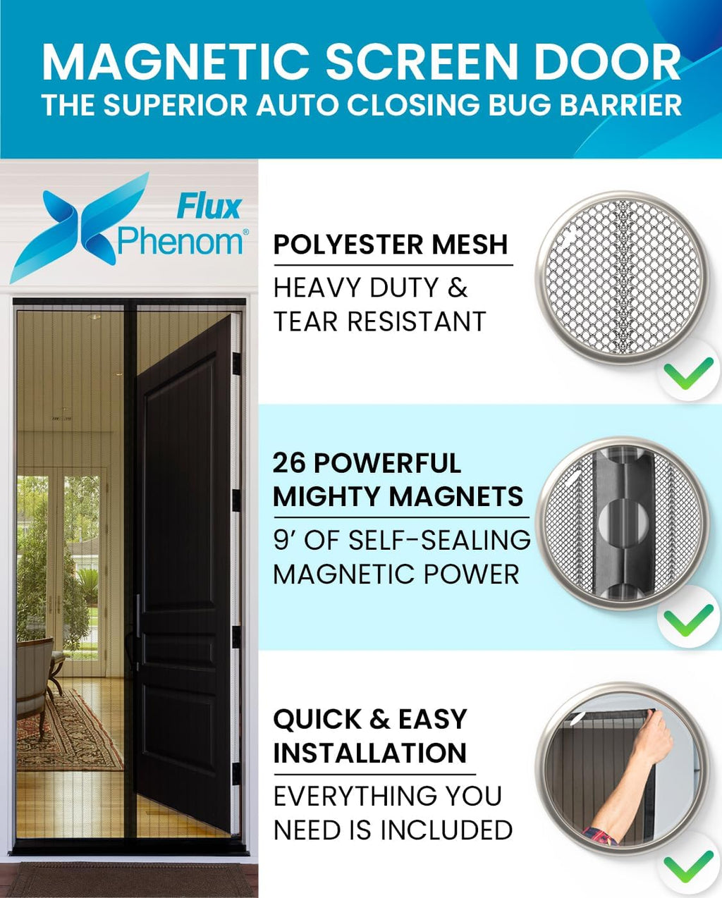 Flux Phenom Magnetic Screen Door (3 Pack) - Bugs Out, Breeze in - 9min Install Auto-Sealing Heavy Duty Double Stitched Mesh, Hands Free Sliding & Patio Doors Net, Pet & Kid Friendly, 38 x 82 Inch