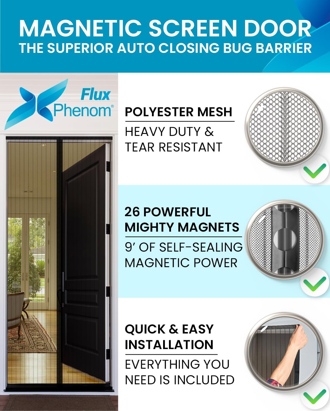 Flux Phenom Magnetic Screen Door (3 Pack) - Bugs Out, Breeze in - 9min Install Auto-Sealing Heavy Duty Double Stitched Mesh, Hands Free Sliding & Patio Doors Net, Pet & Kid Friendly, 38 x 82 Inch