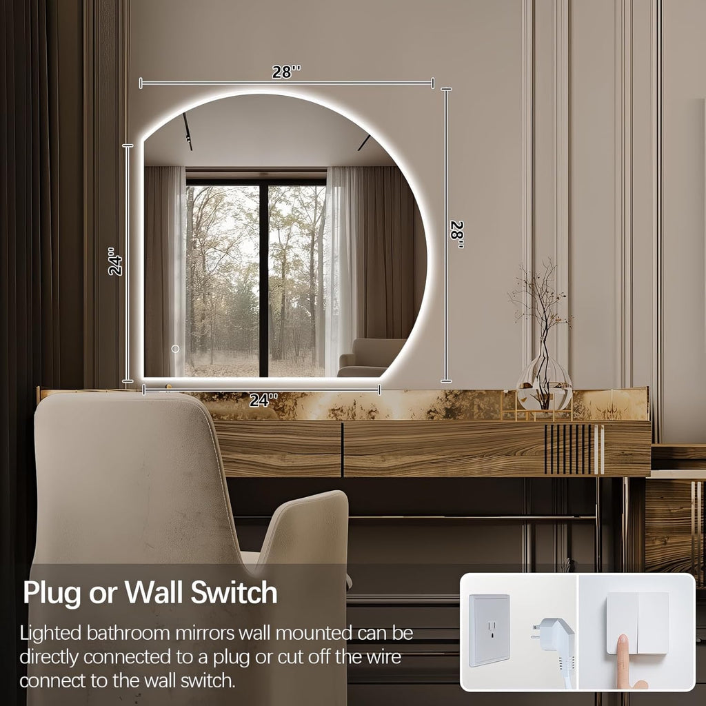 Niccy Half Moon LED Mirror for Bathroom, 28" Backlit + Front Lit Lighted Semi Round Makeup Mirrors for Wall, Anti-Fog, Dimmable 3-Colors, Memory Function, Shatterproof Smart Vanity Mirror