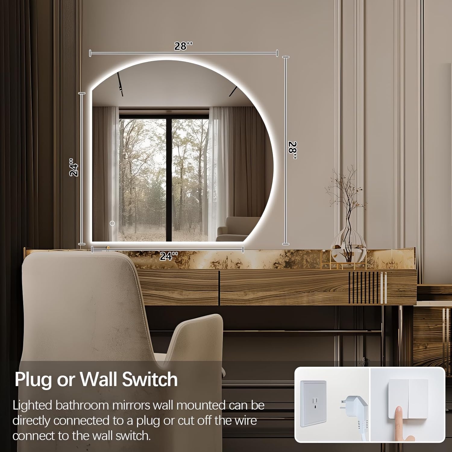 Niccy Half Moon LED Mirror for Bathroom, 28" Backlit + Front Lit Lighted Semi Round Makeup Mirrors for Wall, Anti-Fog, Dimmable 3-Colors, Memory Function, Shatterproof Smart Vanity Mirror