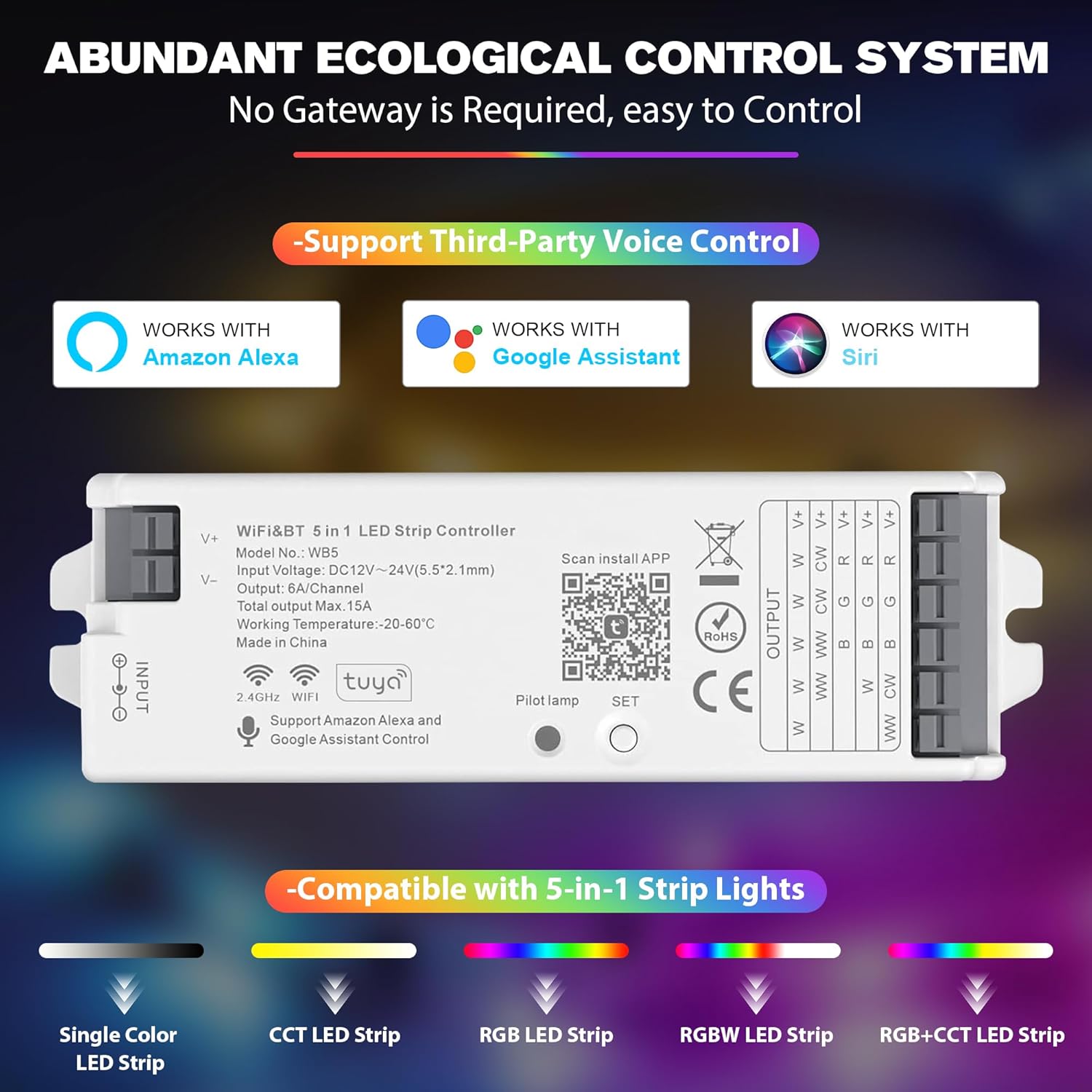 WB5 WiFi PWM 12V/24V LED Controller with RC03RFB RF Remote Control 4-Zone Group, RGB RGBW RGBCCT Strip Lights Controller Kit Compatible with Alexa Google Home Smart Life Tuya APP Control