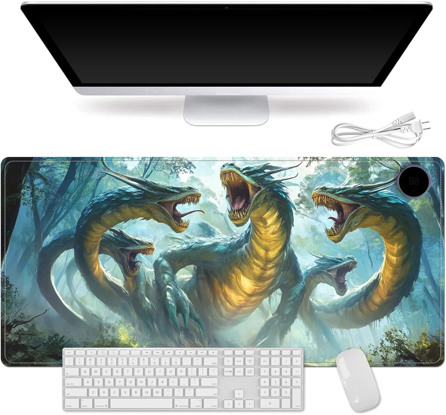 Heated Mouse Pad for Desk 31.5" x 13" – PU Leather Warm Desk Pad with 3 Heat Levels (104°F/113°F/122°F), Plug-in Electric Heating Mat with Auto Shut-Off, Waterproof & Rollable, Serpent Beast