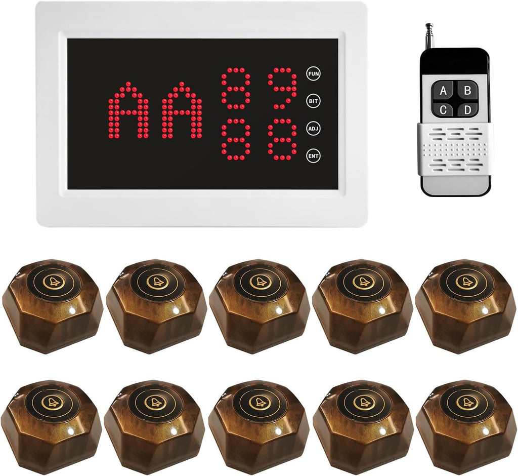 Restaurant Pager System Wireless Calling System with 1 Number Display and 10 Waterproof Call Buttons for Restaurant Bar Cafe Customer Service
