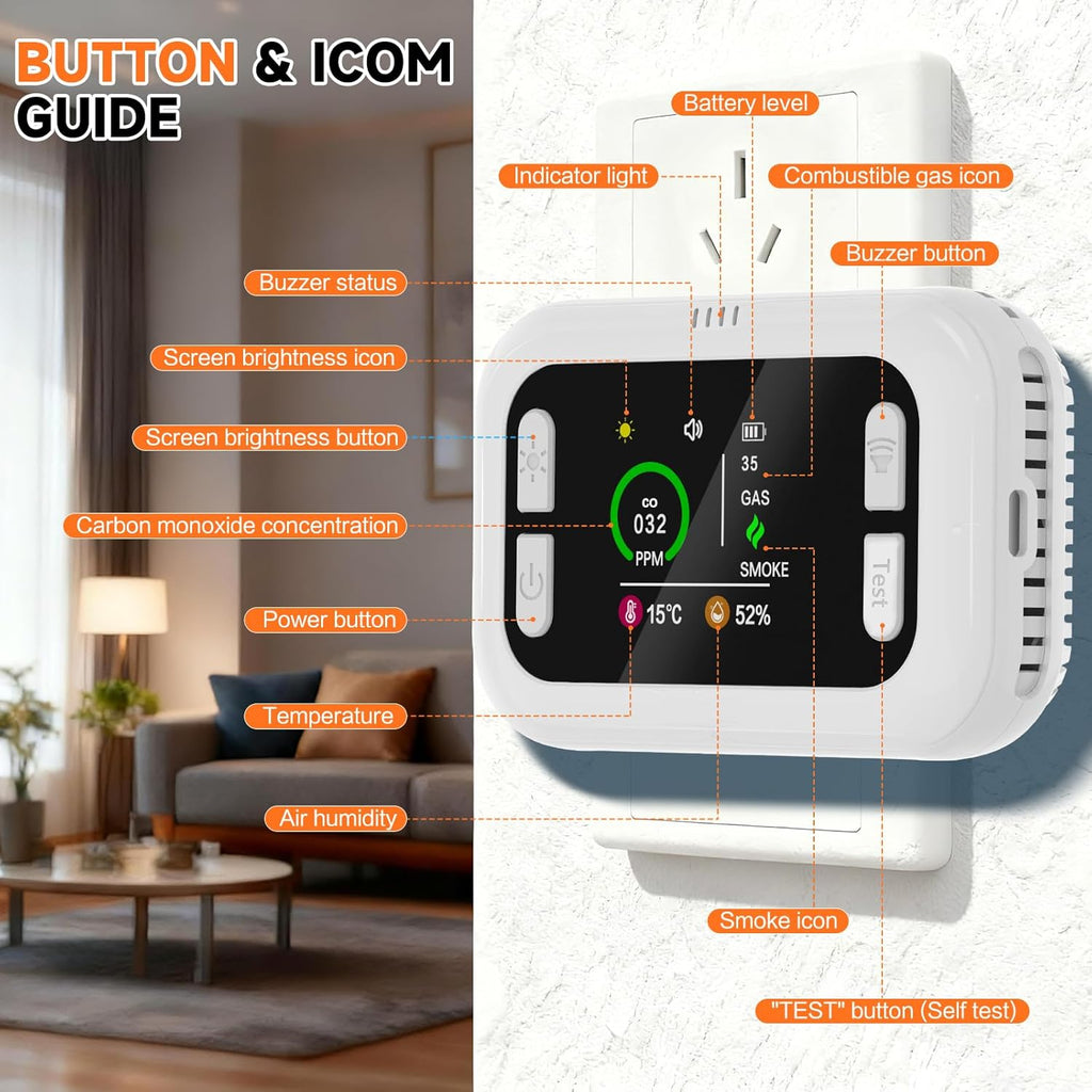 6 in 1 Carbon Monoxide Detectors Plug in, Natural Gas Detector with Smoke, Temp & Humidity Alarm, Portable 1000mAh Battery Backup, HD Digital Screen, 24/7 Home Safety for House, RV, Apartment, Travel