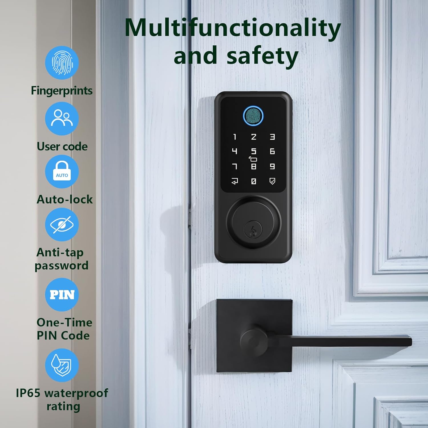 Smart Door Lock Set, Fingerprint Door Lock with Lever Handle, Black Keyless Entry Lock with App, Keypad Deadbolt for Home