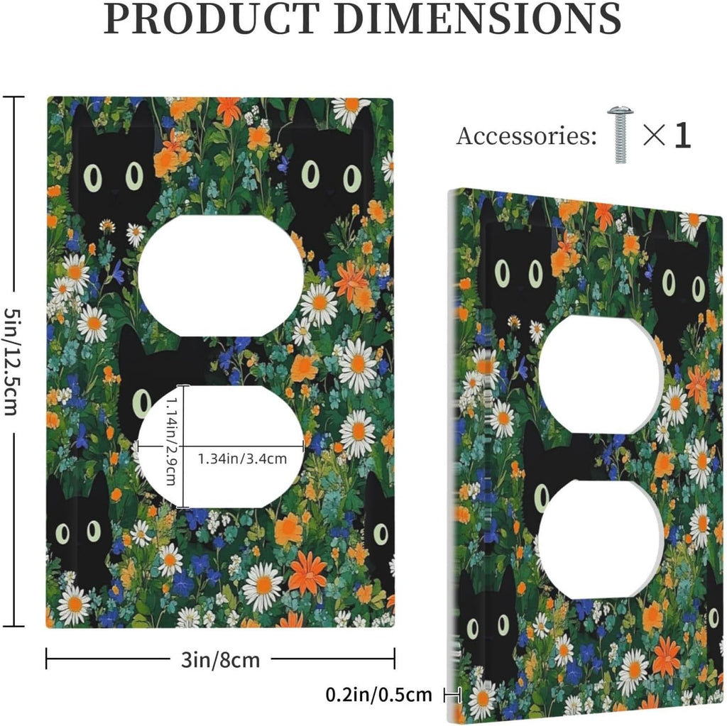 Boho Funny Black Cute Cats Daisy Wildflower Outlet Covers 1 Gang Duplex Light Switch Cover Decorative Switch Plates Electrical Receptacle Faceplate Wall Plate For Kids Room Bed Room Decor