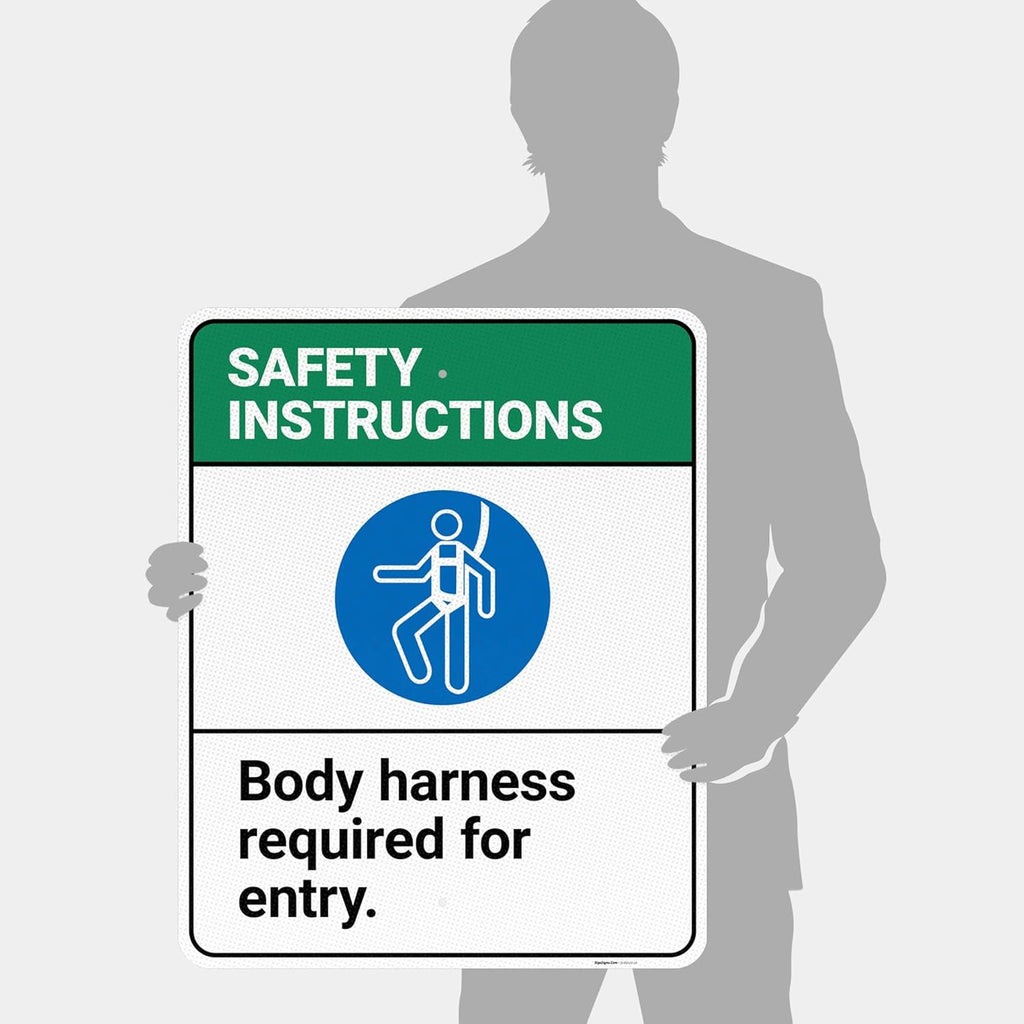 Safety Instructions Body Harness Required for Entry Sign, 24x30 Inches, 3M EGP Reflective .080 Aluminum, Fade Resistant, Made in USA by Sigo Signs