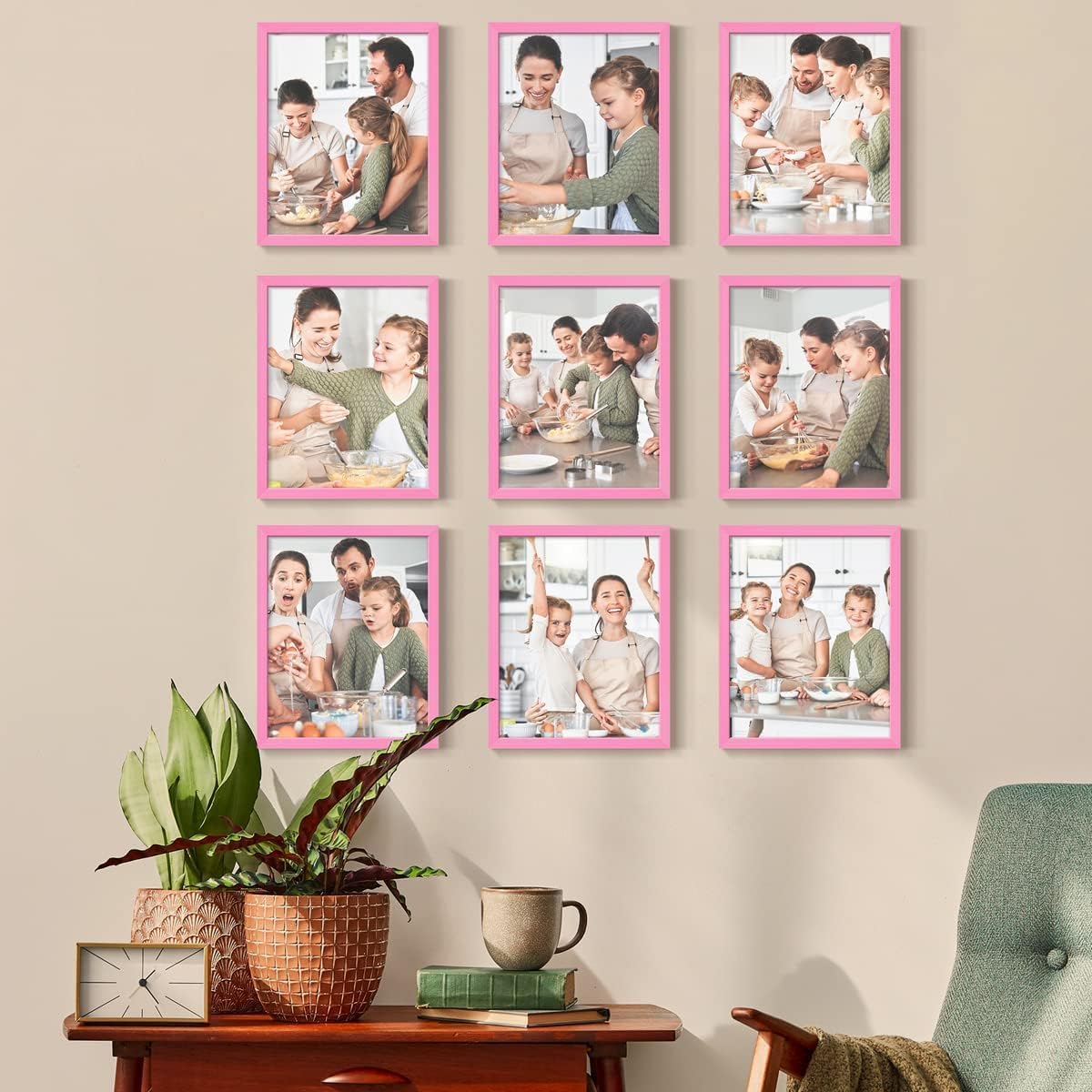 Renditions Gallery Set of 9, 11X14 Custom Photo Prints with Real Wood Picture Frames. Create Personalized Photos with Peel & Stick Photo Frames. Pink Frame