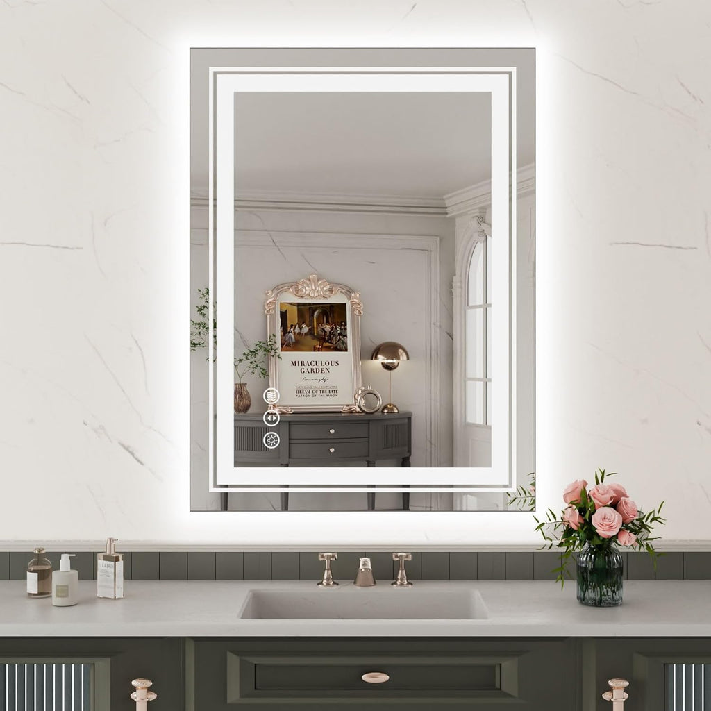 WTTY LED Bathroom Mirror, 24 x 32 with Backlit and Front Light,Stepless Dimmable LED Mirror for Bathroom,Anti-Fog Lighted Bathroom Vanity Mirror Modern for Wall,Memory Function,Shatter-Proof