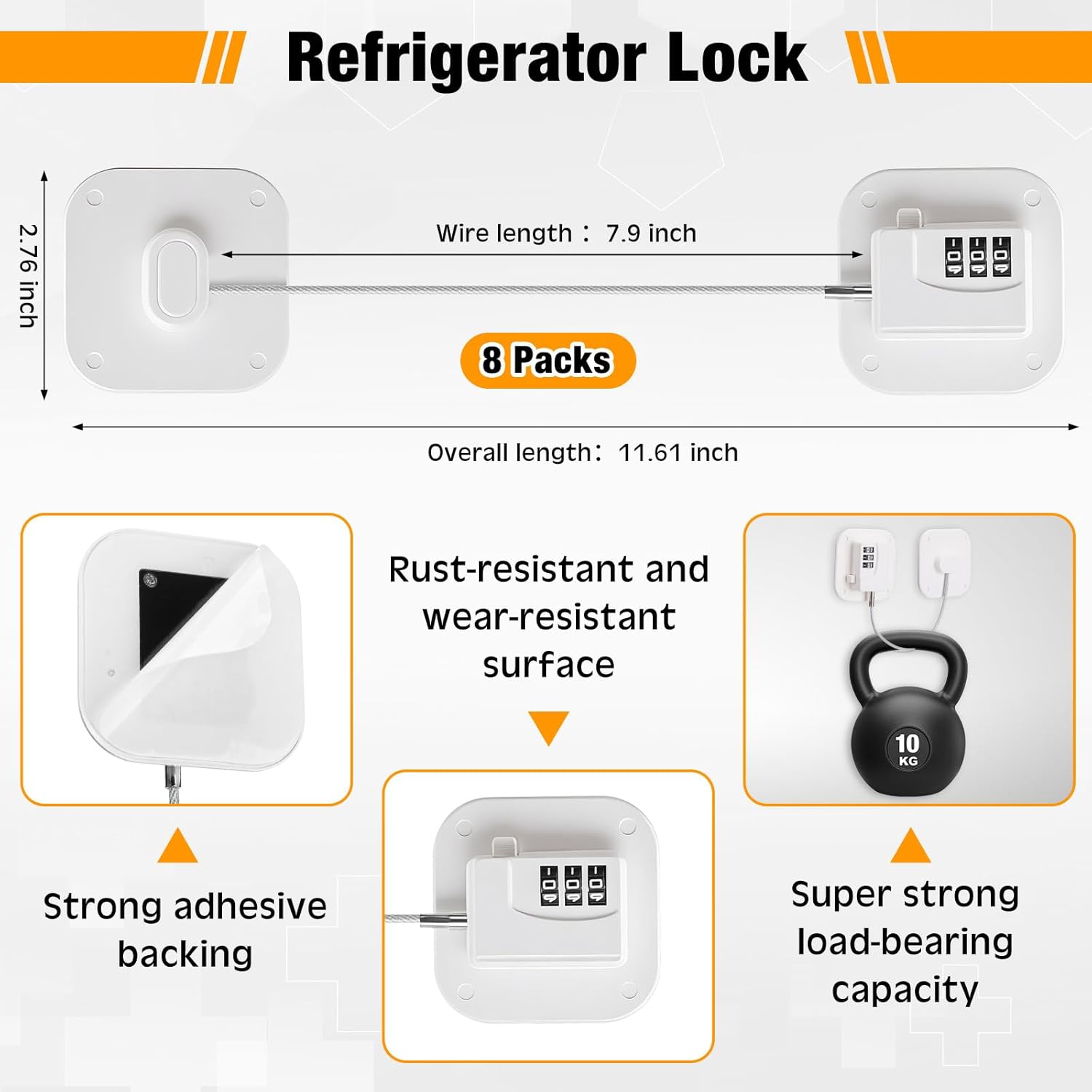 8 Pack Fridge Lock Heavy Duty Locks for Fridge Freezer Lock for Child Safety Cabinet Coded Adhesive Combination Refrigerator for Drawers Cabinet Window Easy Install No Drilling Black(White)