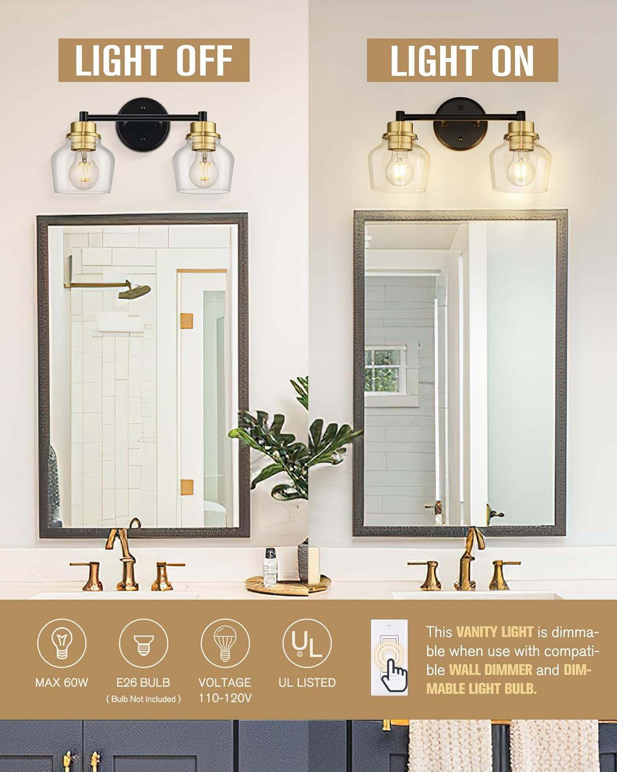 Emak Farmhouse 2-Light Bathroom Light Fixtures, Modern Black and Gold Vanity Lights with Clear Glass Shade for Bathroom, Mirror, VL122-BKBGD-CG-2