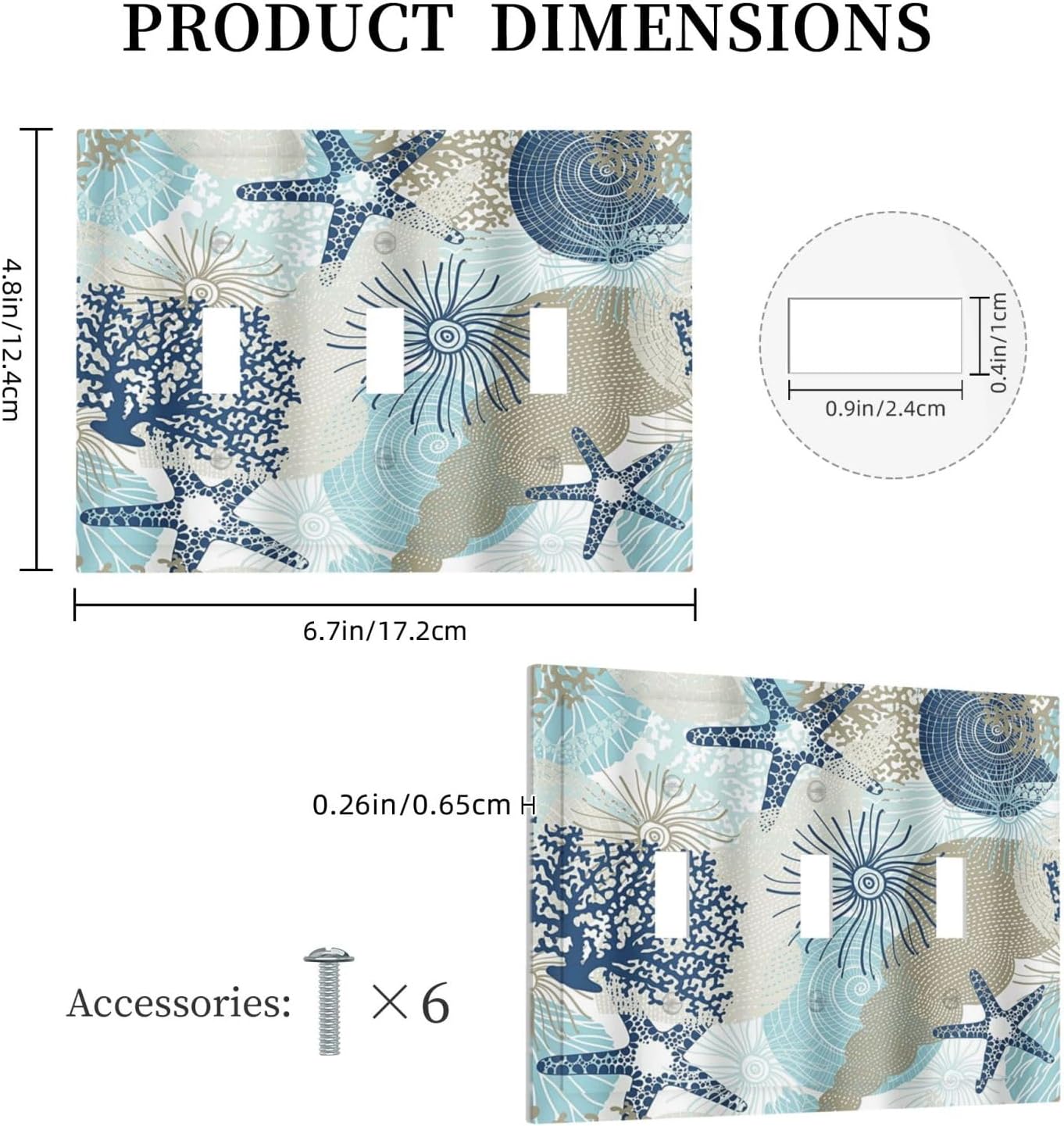 Decorative Light Switch Cover Plate Blue Starfish Brown Coral Ocean 3 Gang Wall Plates for Electrical Outlets Triple Toggle Switch Plate Covers Outlet Covers Faceplate for Girlroom Home Decor